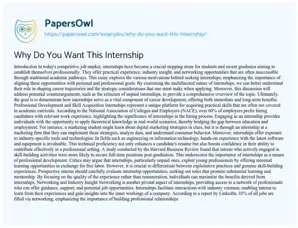 Essay on Why Do You Want This Internship