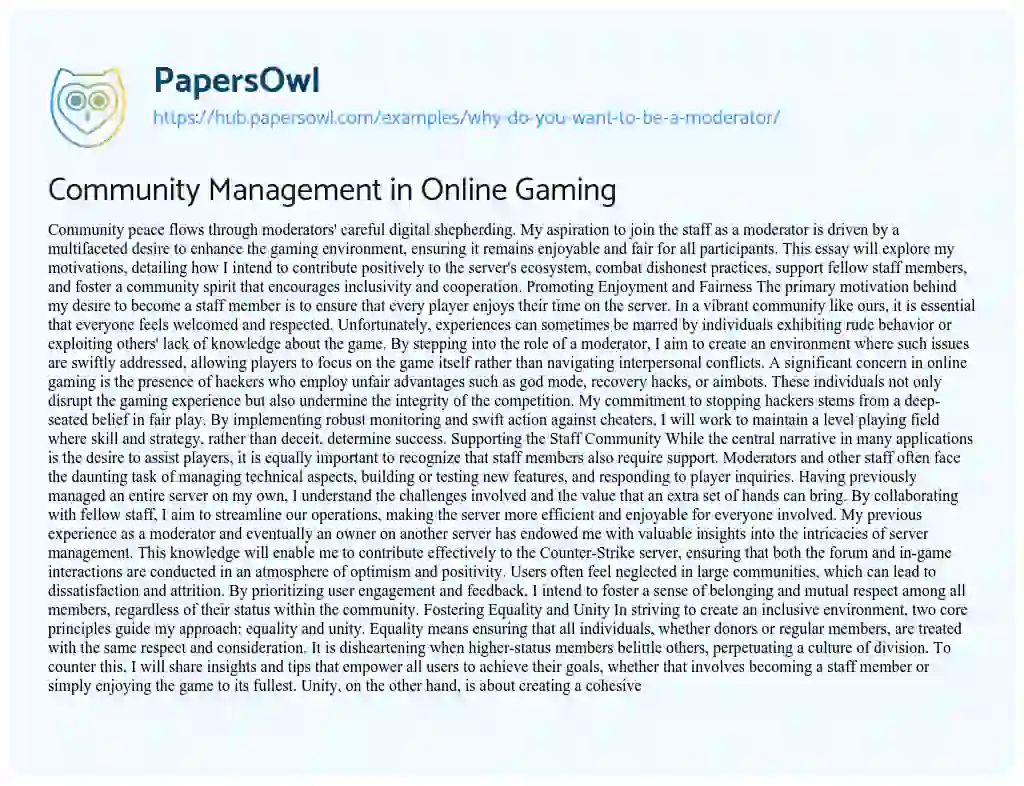 Essay on Community Management in Online Gaming