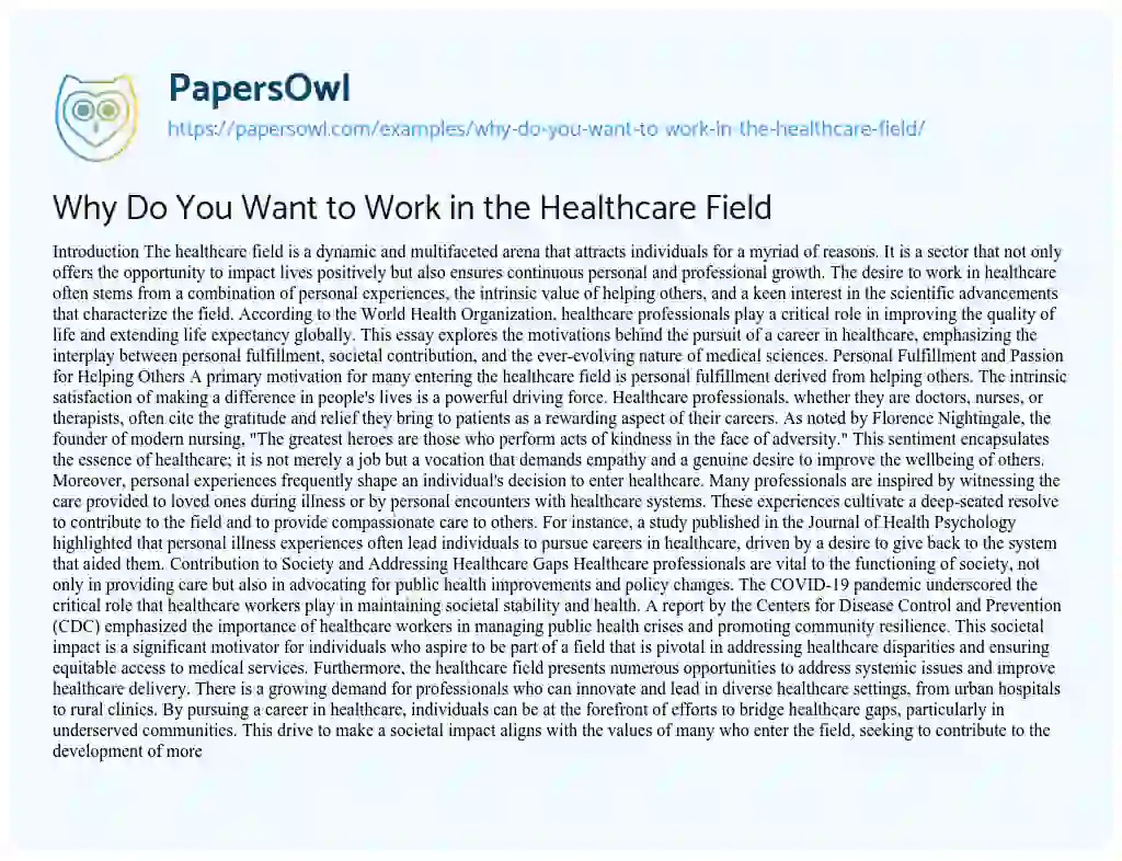 Essay on Why Do You Want to Work in the Healthcare Field
