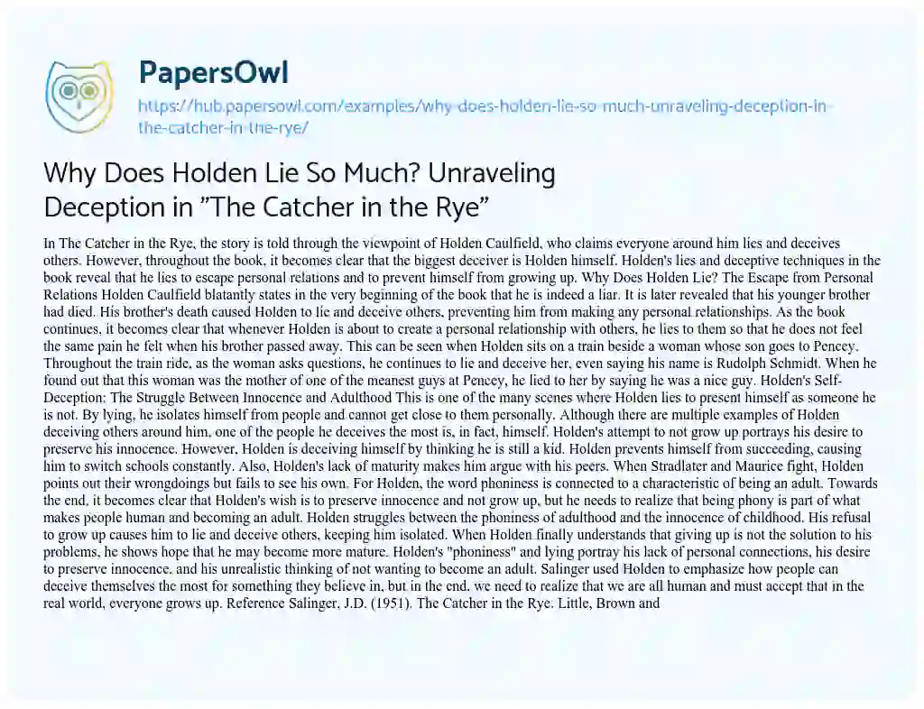 Essay on Why Does Holden Lie So Much? Unraveling Deception in “The Catcher in the Rye”