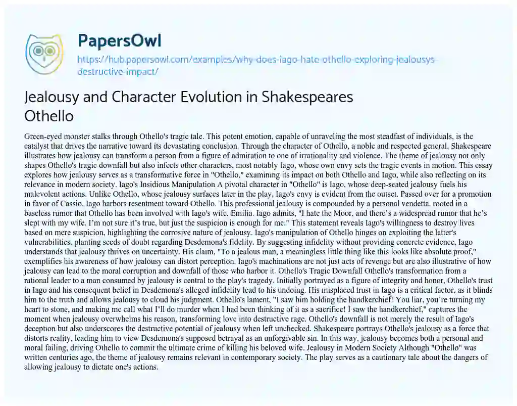 Essay on Jealousy and Character Evolution in Shakespeares Othello