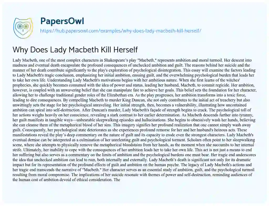 Essay on Why Does Lady Macbeth Kill Herself