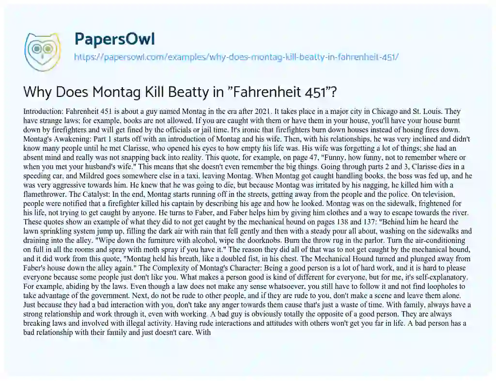 Essay on Why Does Montag Kill Beatty in “Fahrenheit 451”?