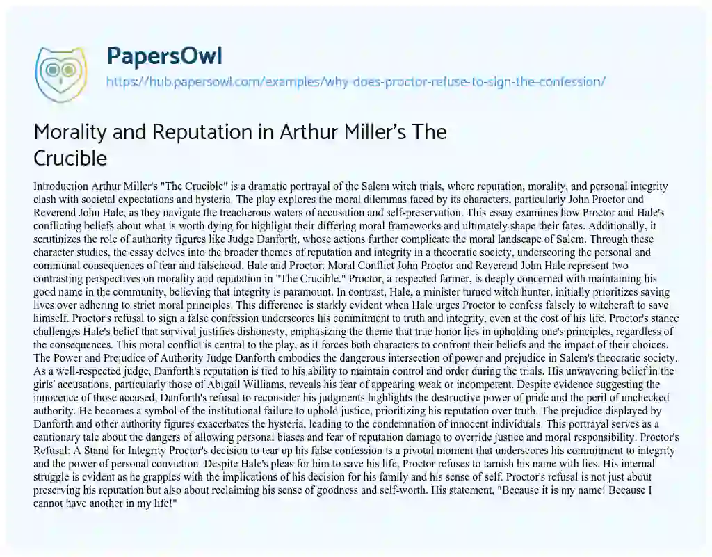 Essay on Morality and Reputation in Arthur Miller’s The Crucible