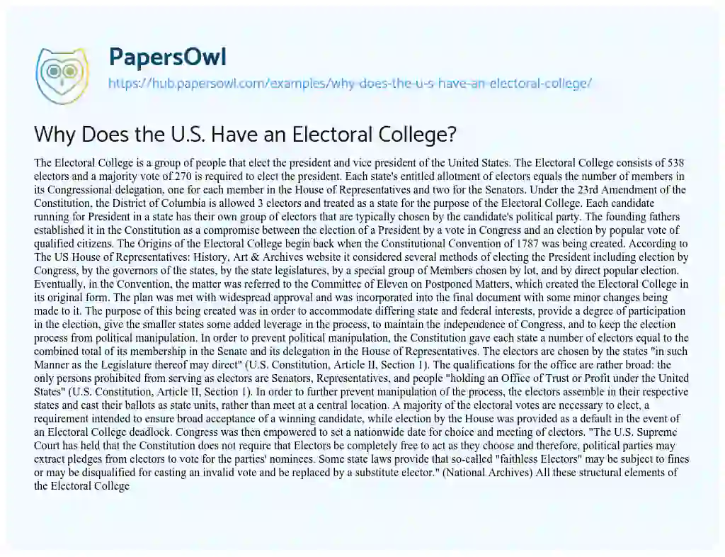 Essay on Why Does the U.S. Have an Electoral College?