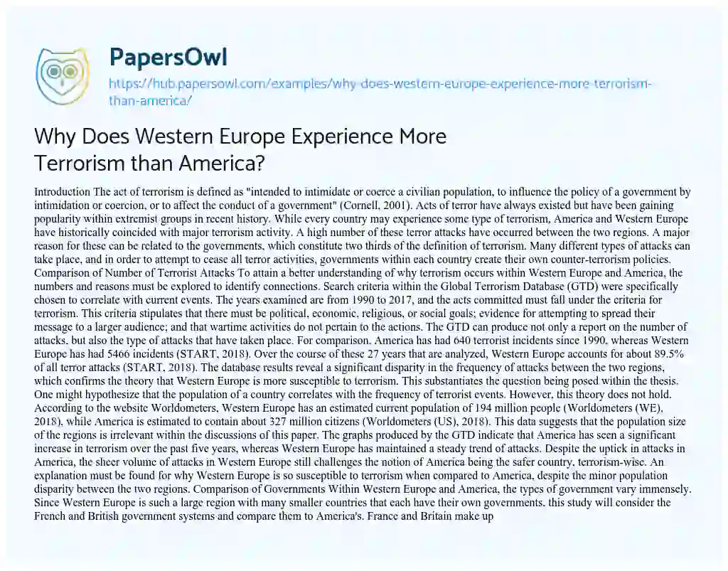 Essay on Why Does Western Europe Experience More Terrorism than America?