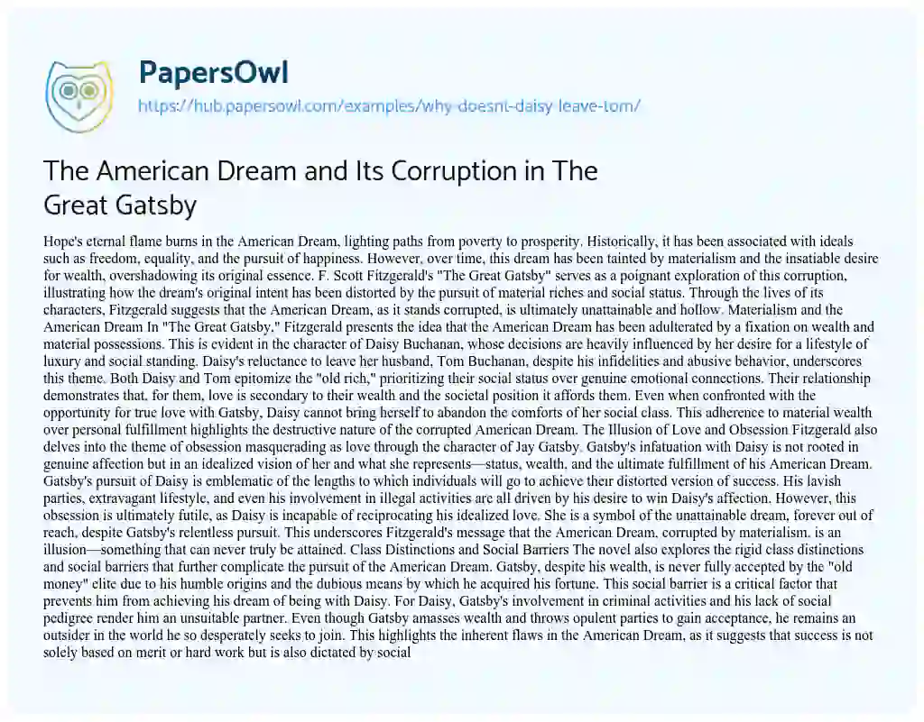 Essay on The American Dream and Its Corruption in The Great Gatsby
