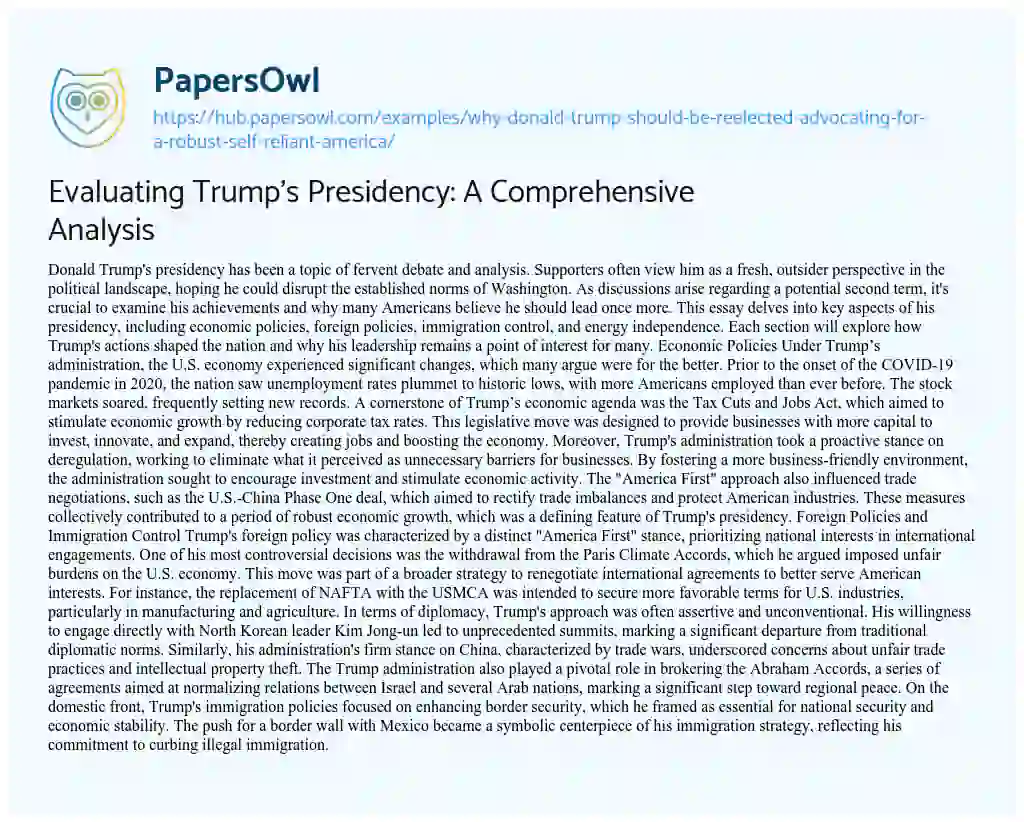 Essay on Evaluating Trump’s Presidency: A Comprehensive Analysis