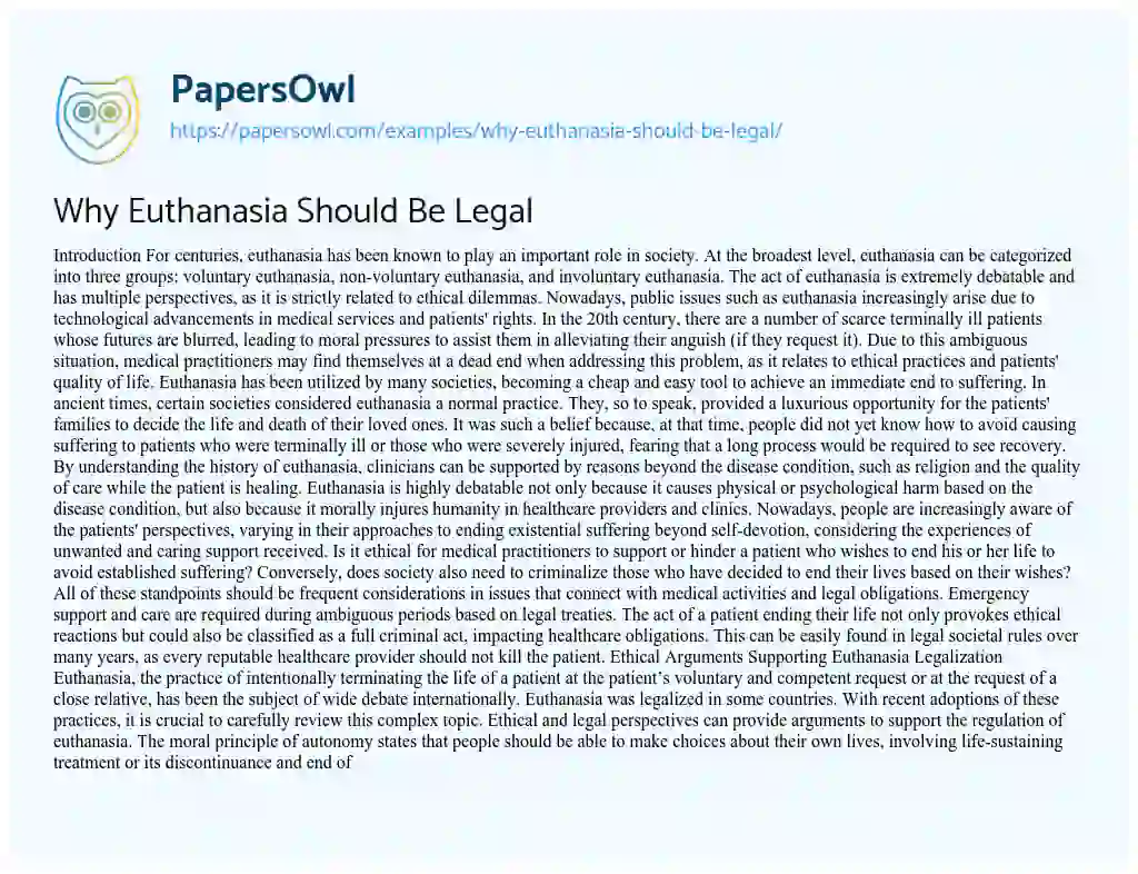 Essay on Why Euthanasia Should Be Legal