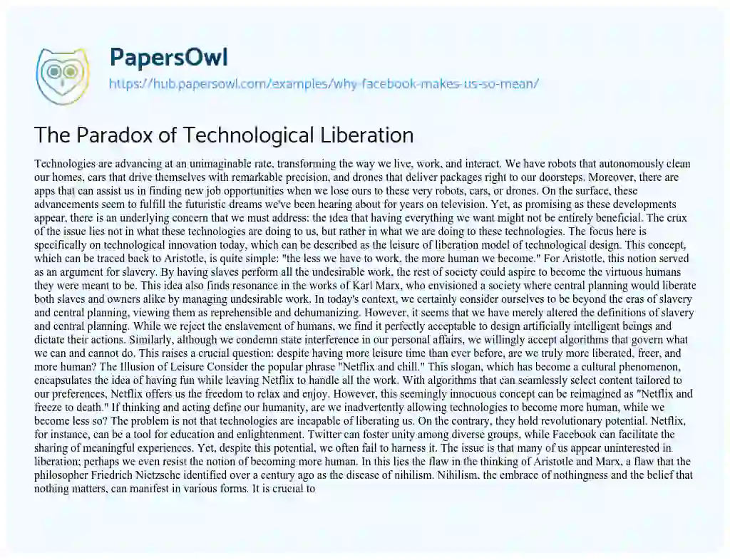 Essay on The Paradox of Technological Liberation
