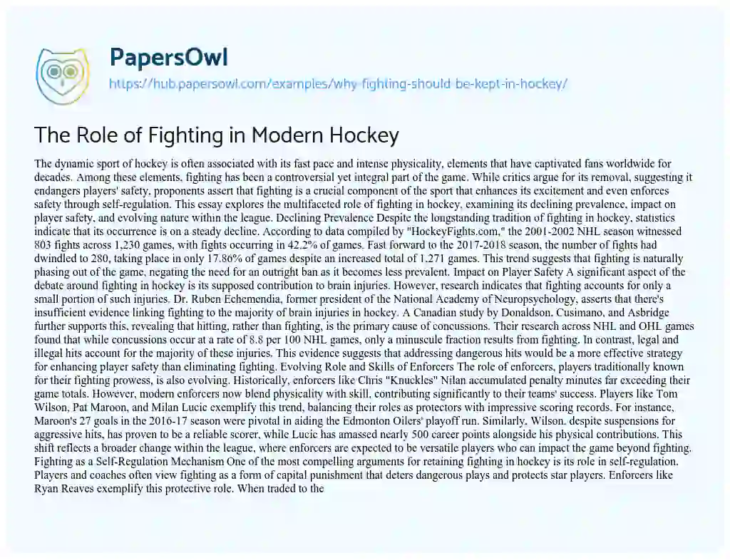 Essay on The Role of Fighting in Modern Hockey