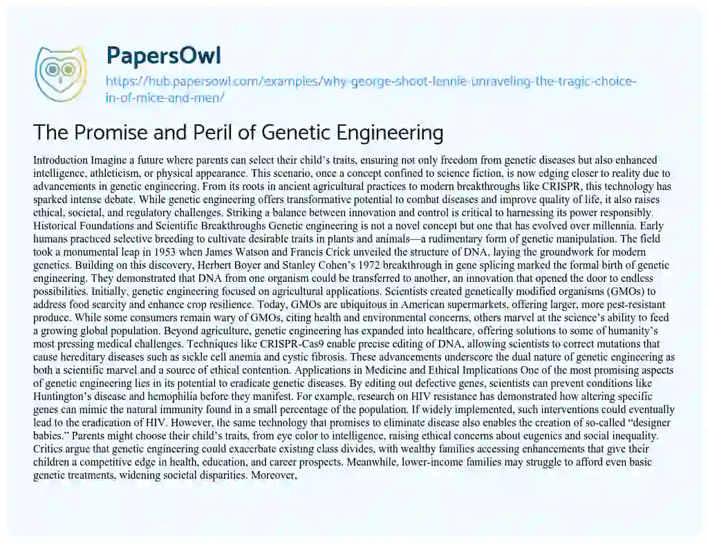 Essay on The Promise and Peril of Genetic Engineering