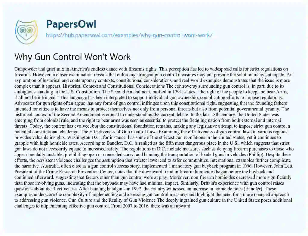 Essay on Why Gun Control Won’t Work