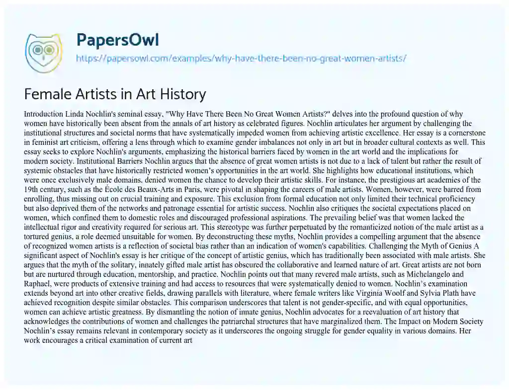 Essay on Female Artists in Art History