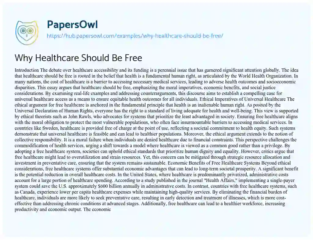 Essay on Why Healthcare Should Be Free