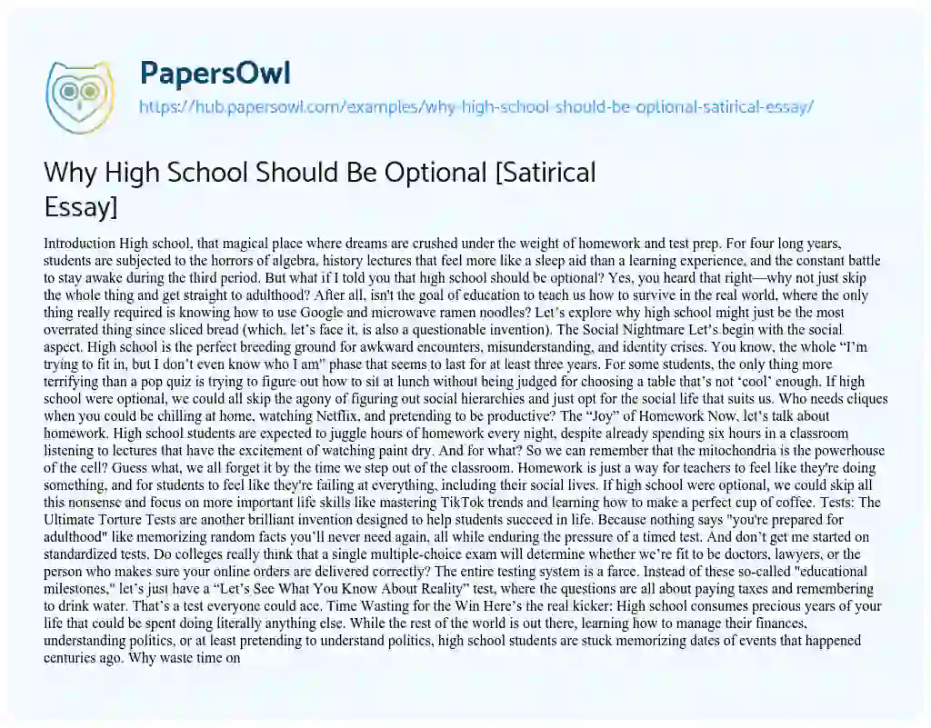 Essay on Why High School Should Be Optional [Satirical Essay]