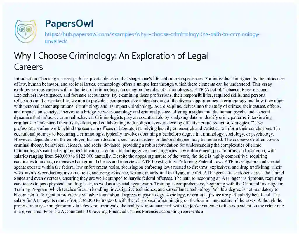 Essay on Why I Choose Criminology: An Exploration of Legal Careers