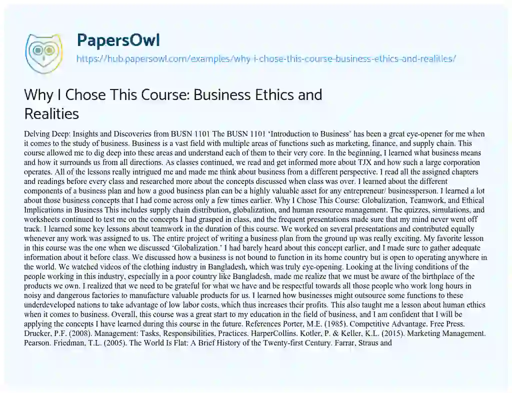 Essay on Why I Chose This Course: Business Ethics and Realities
