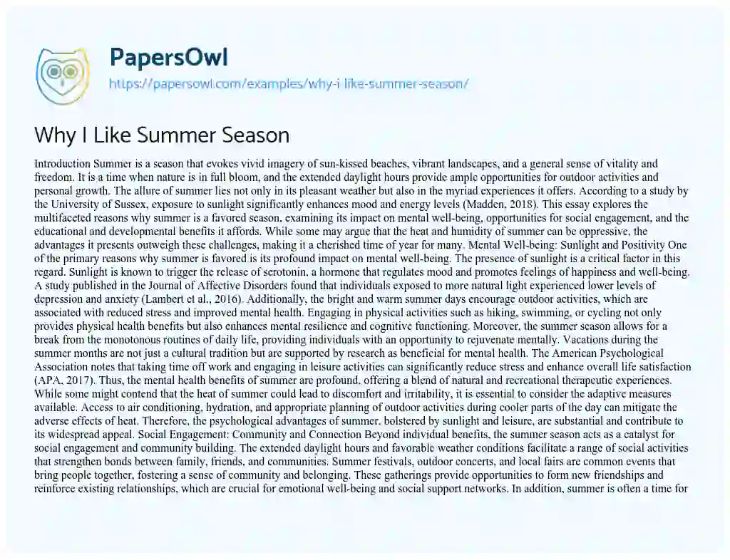 Essay on Why I Like Summer Season