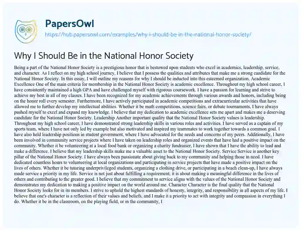 Essay on Why I Should Be in the National Honor Society