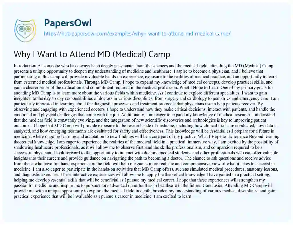 Essay on Why I Want to Attend MD (Medical) Camp