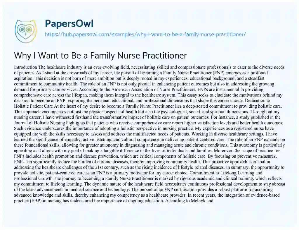 Essay on Why I Want to Be a Family Nurse Practitioner