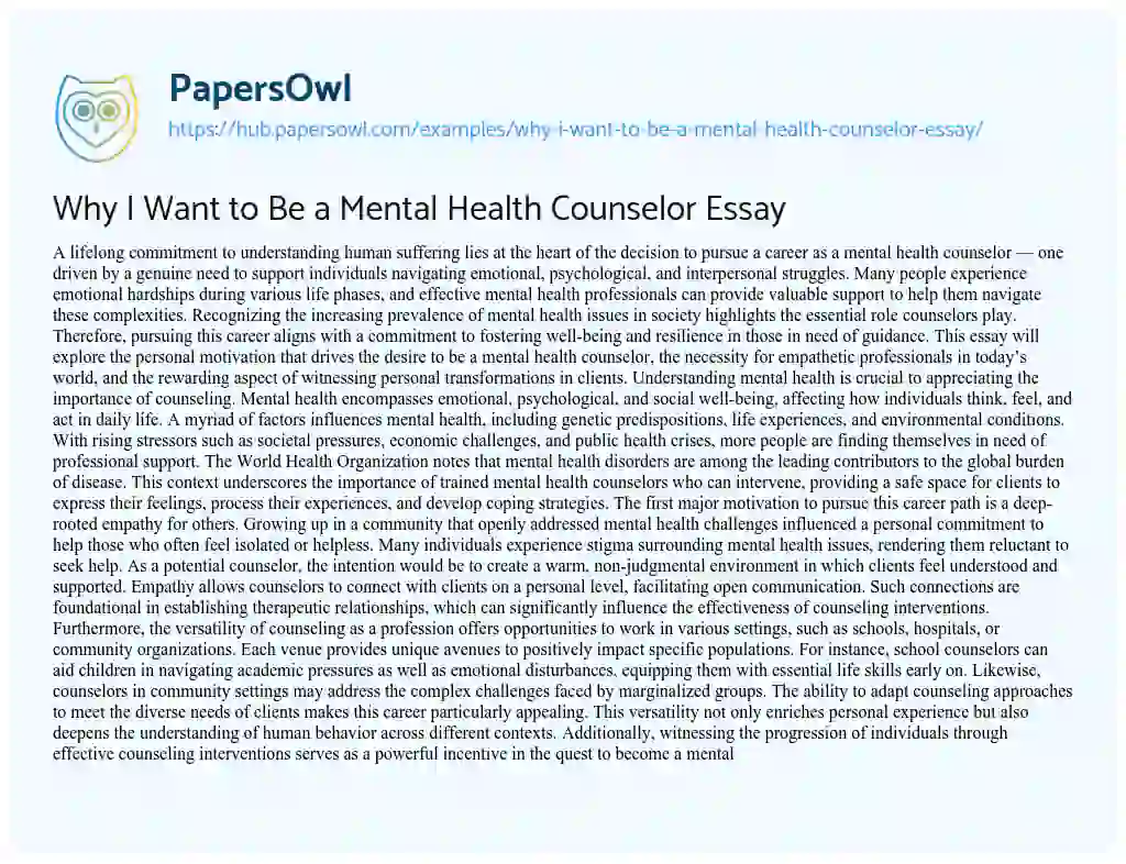 Essay on Why I Want to Be a Mental Health Counselor Essay