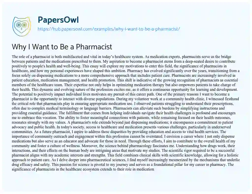 Essay on Why I Want to Be a Pharmacist