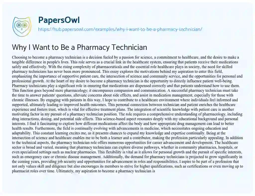 Essay on Why I Want to Be a Pharmacy Technician