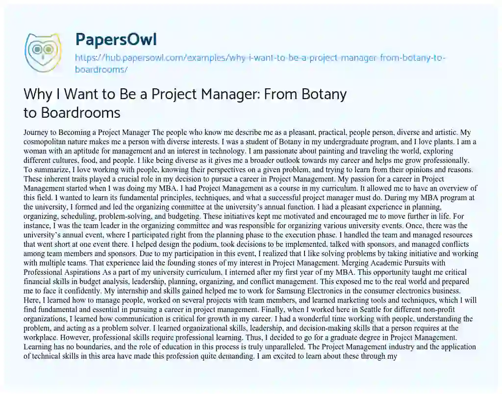 Essay on Why I Want to Be a Project Manager: From Botany to Boardrooms