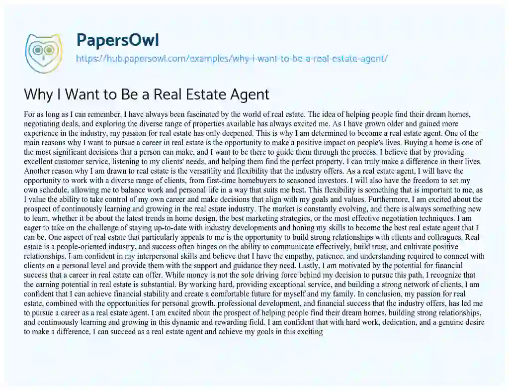 Essay on Why I Want to Be a Real Estate Agent