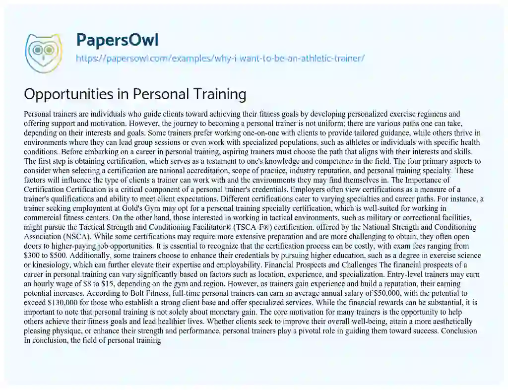 Essay on Opportunities in Personal Training