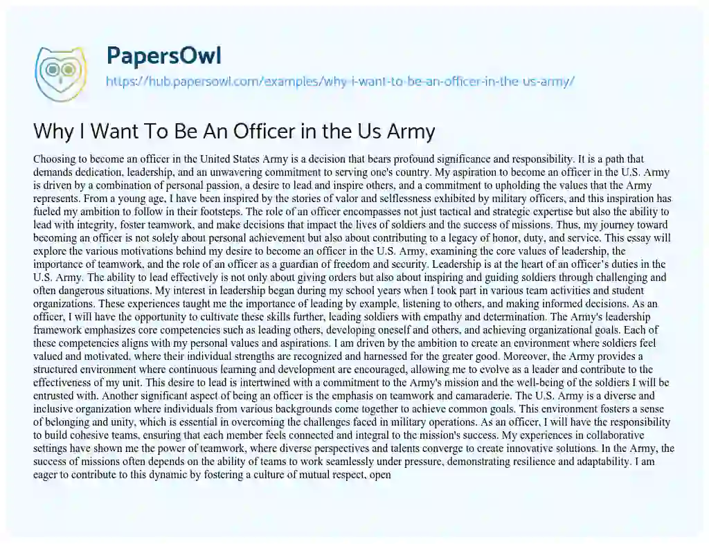 Essay on Why I Want To Be An Officer in the Us Army