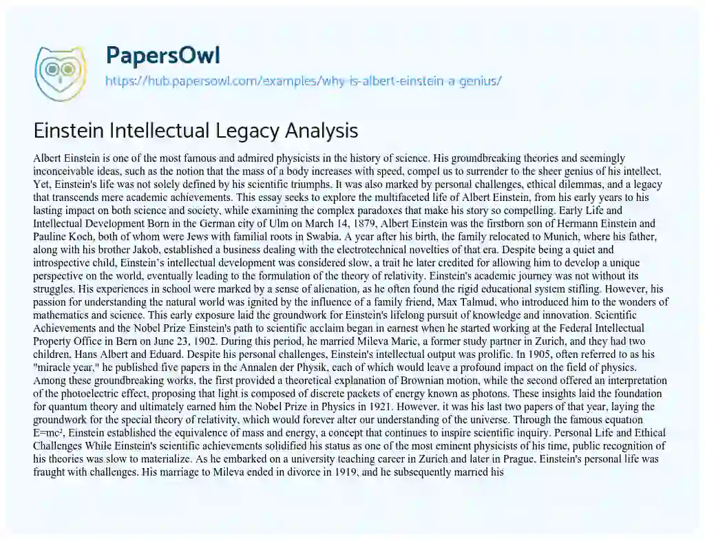 Essay on Einstein Intellectual Legacy Analysis
