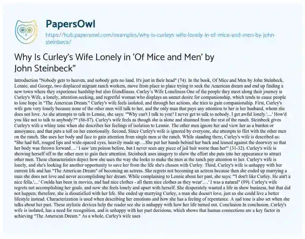 Essay on Why Is Curley’s Wife Lonely in ‘Of Mice and Men’ by John Steinbeck”