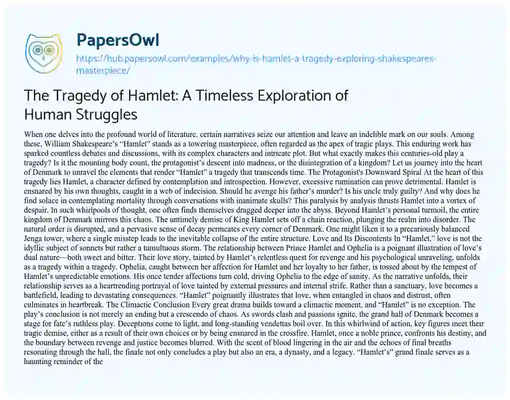 Essay on The Tragedy of Hamlet: A Timeless Exploration of Human Struggles