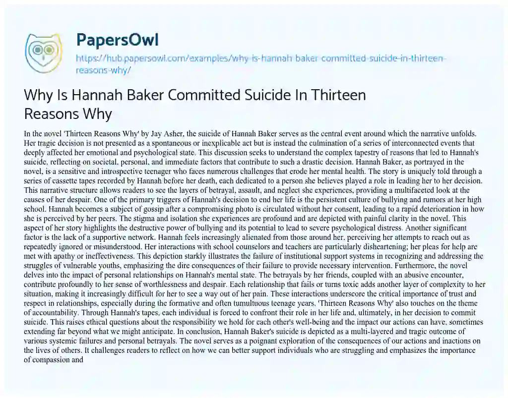 Essay on Why Is Hannah Baker Committed Suicide In Thirteen Reasons Why