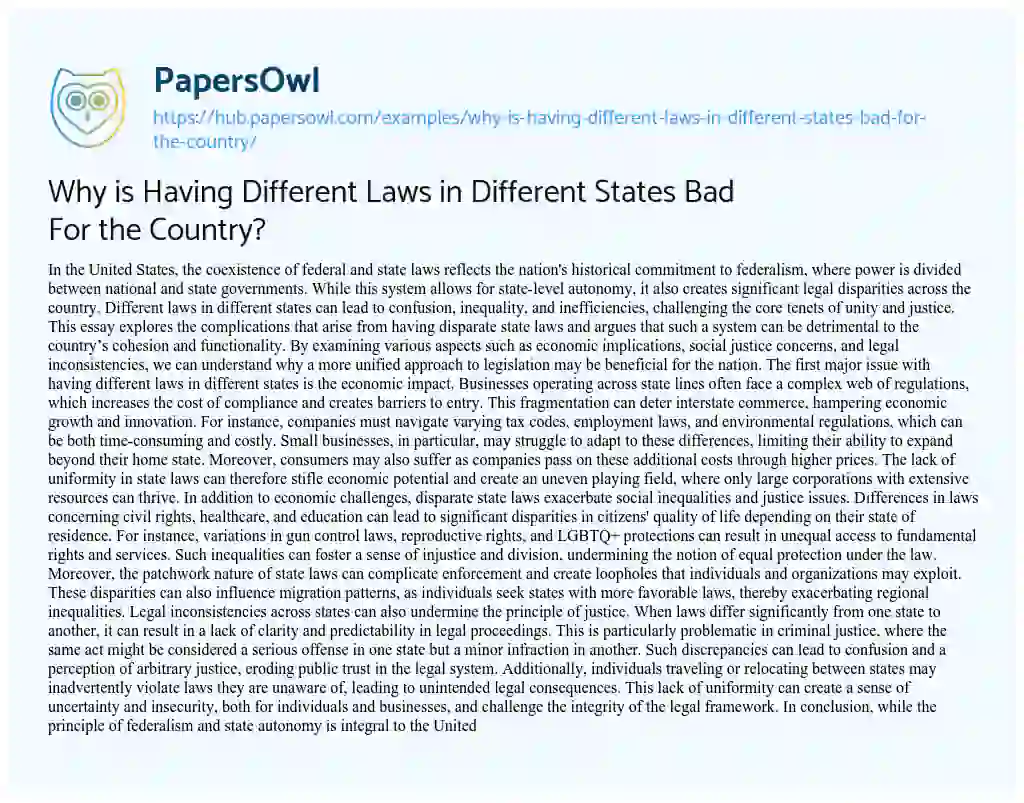 Essay on Why is Having Different Laws in Different States Bad For the Country?