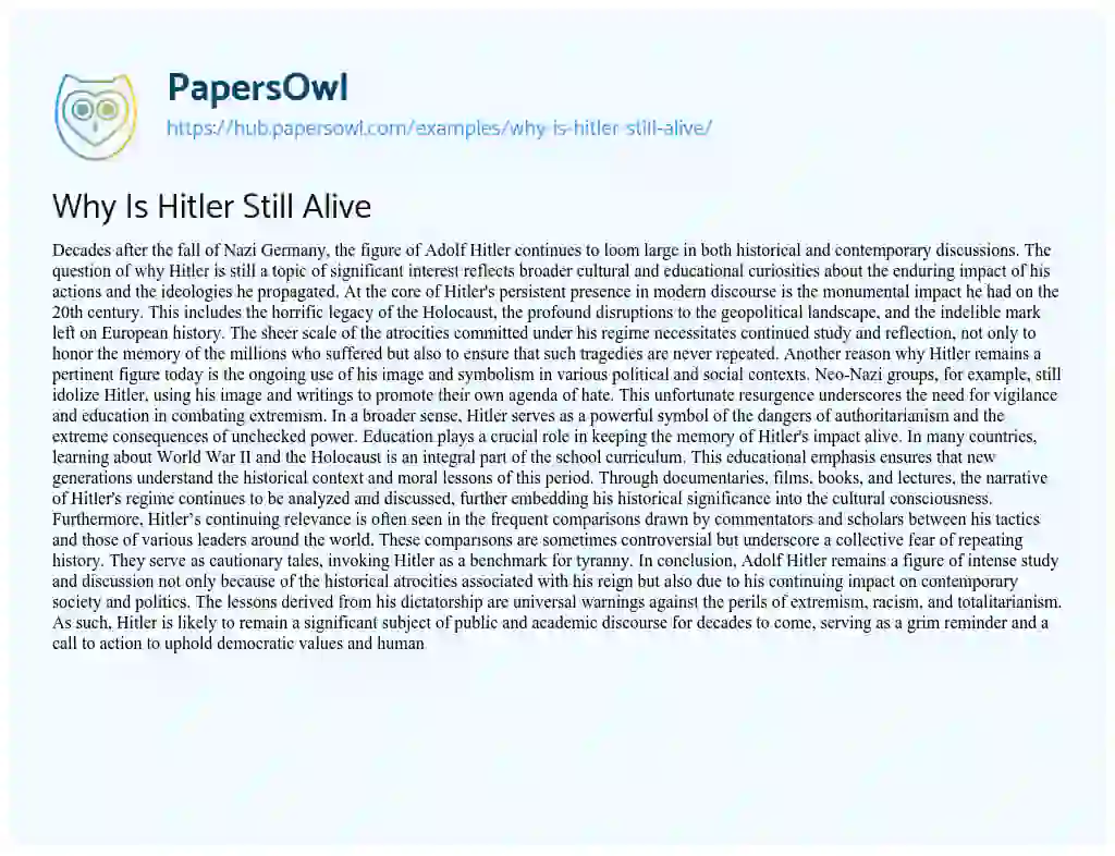 Essay on Why Is Hitler Still Alive