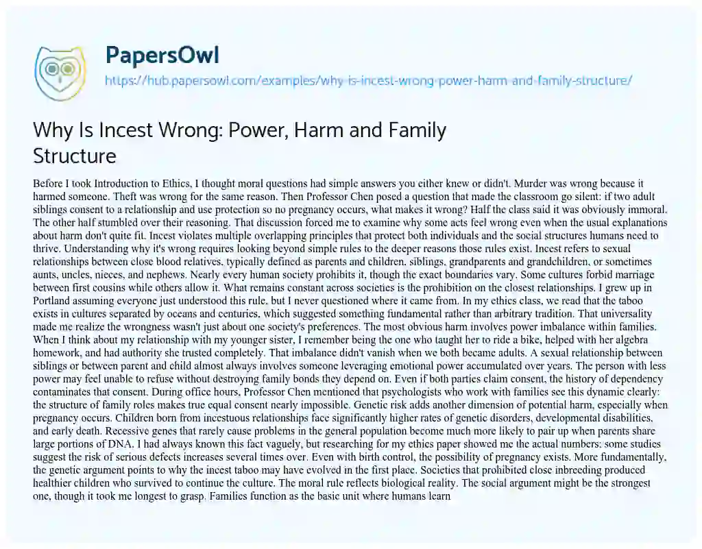 Essay on Why Is Incest Wrong: Power, Harm and Family Structure