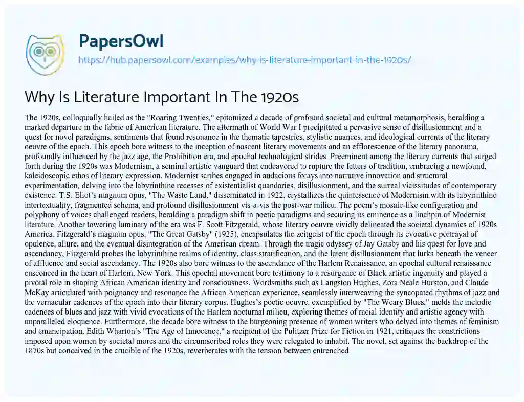 Essay on Why Is Literature Important In The 1920s