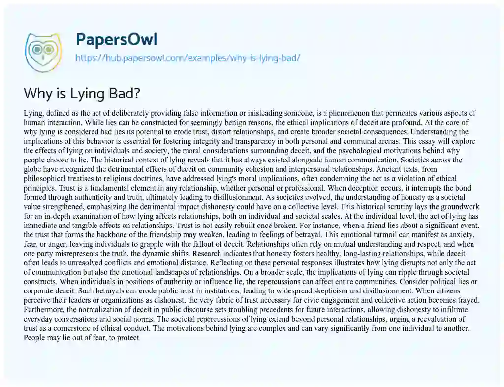 Essay on Why is Lying Bad?