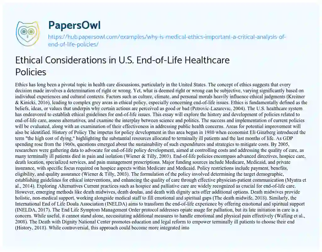 Essay on Ethical Considerations in U.S. End-of-Life Healthcare Policies