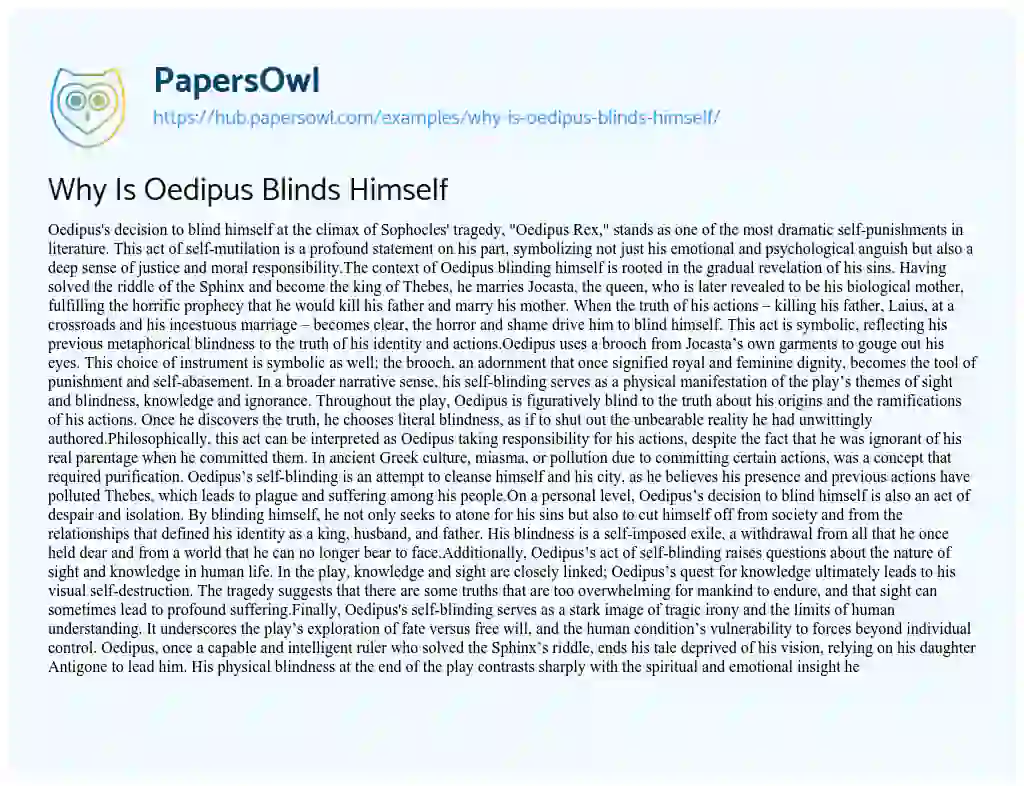 Essay on Why Is Oedipus Blinds Himself
