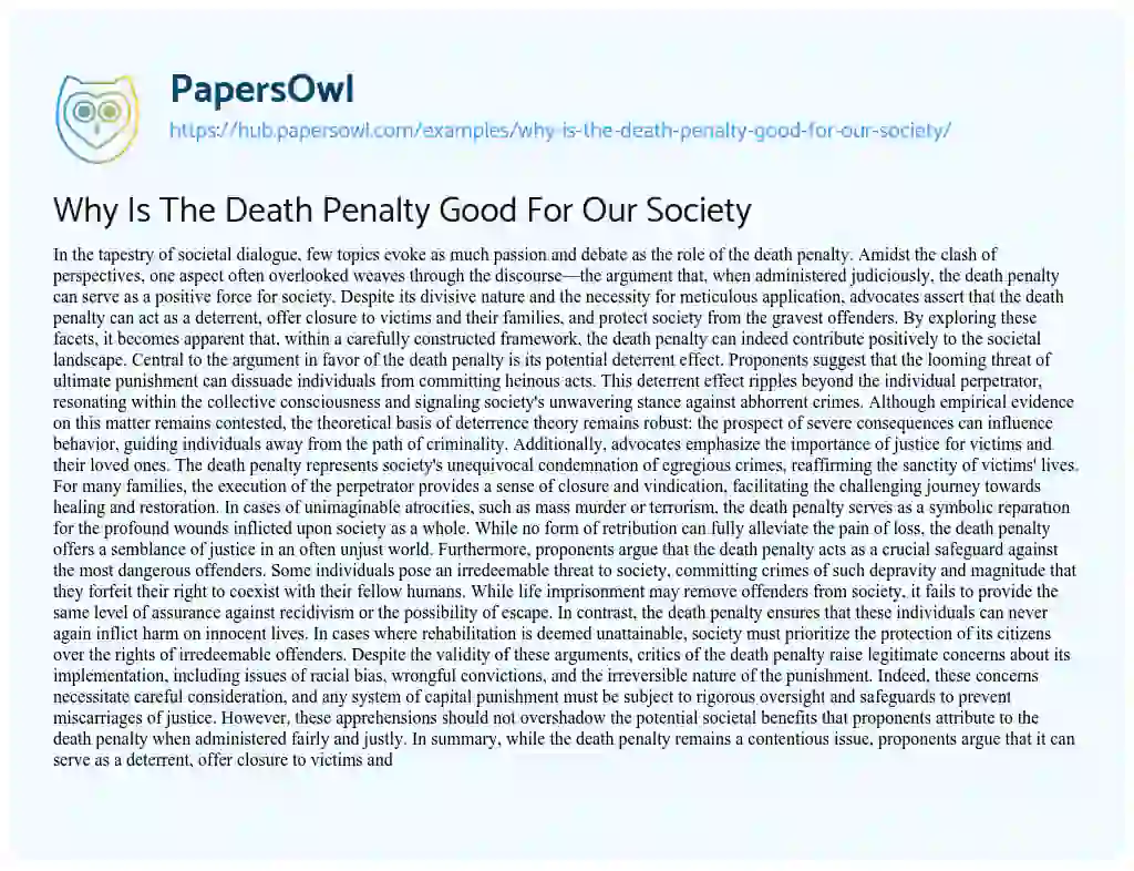Essay on Why Is The Death Penalty Good For Our Society
