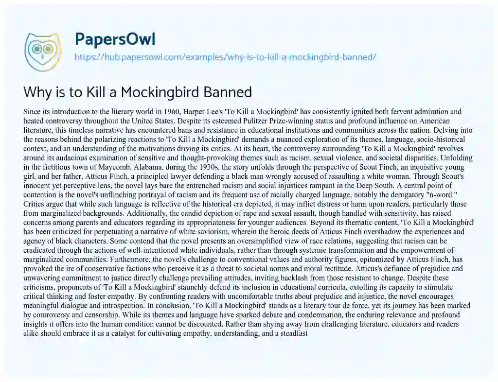 Essay on Why is to Kill a Mockingbird Banned