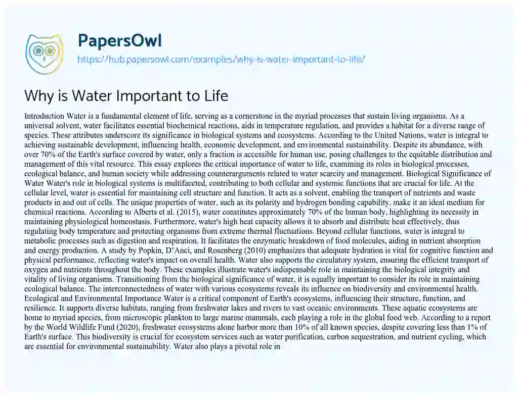 Essay on Why is Water Important to Life
