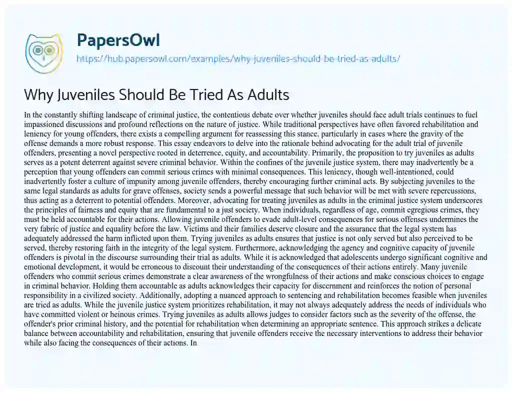 Essay on Why Juveniles Should Be Tried As Adults