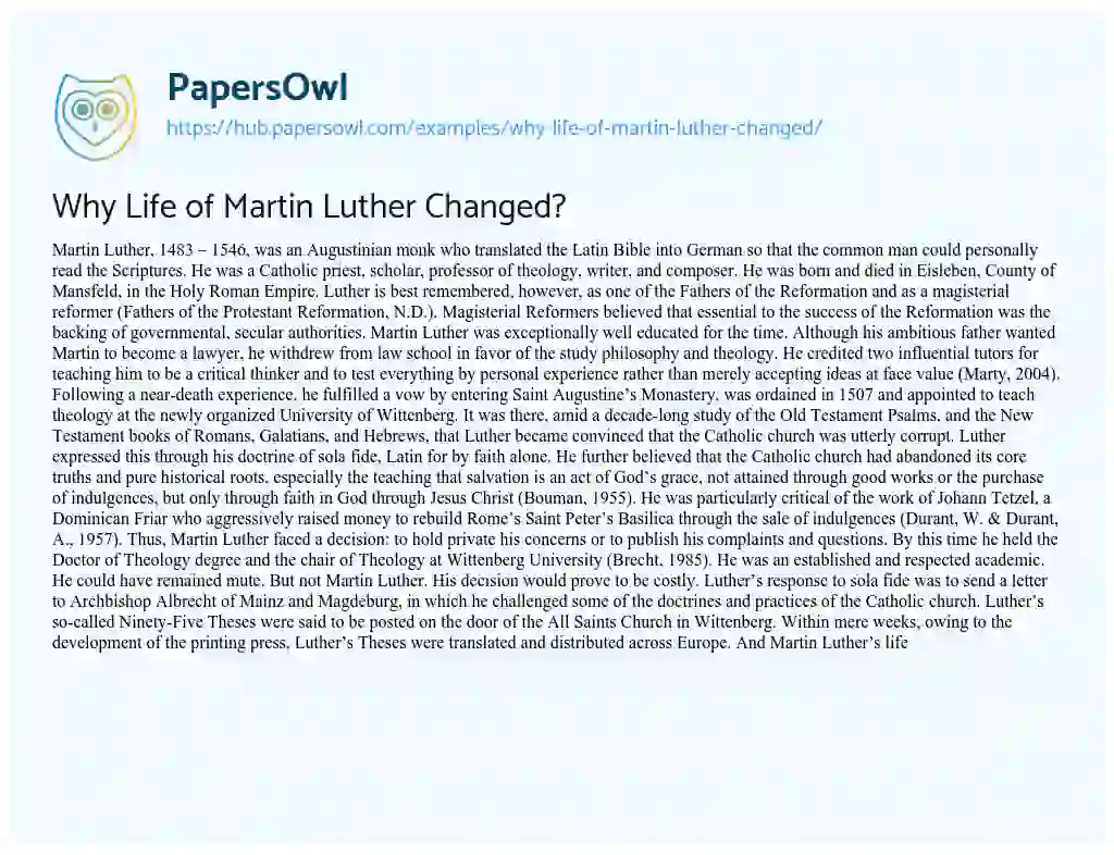 Essay on Why Life of Martin Luther Changed?