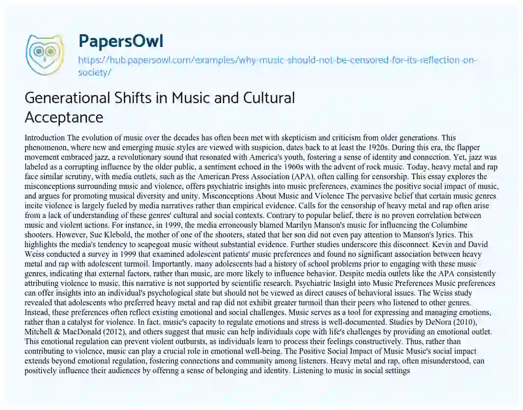 Essay on Generational Shifts in Music and Cultural Acceptance